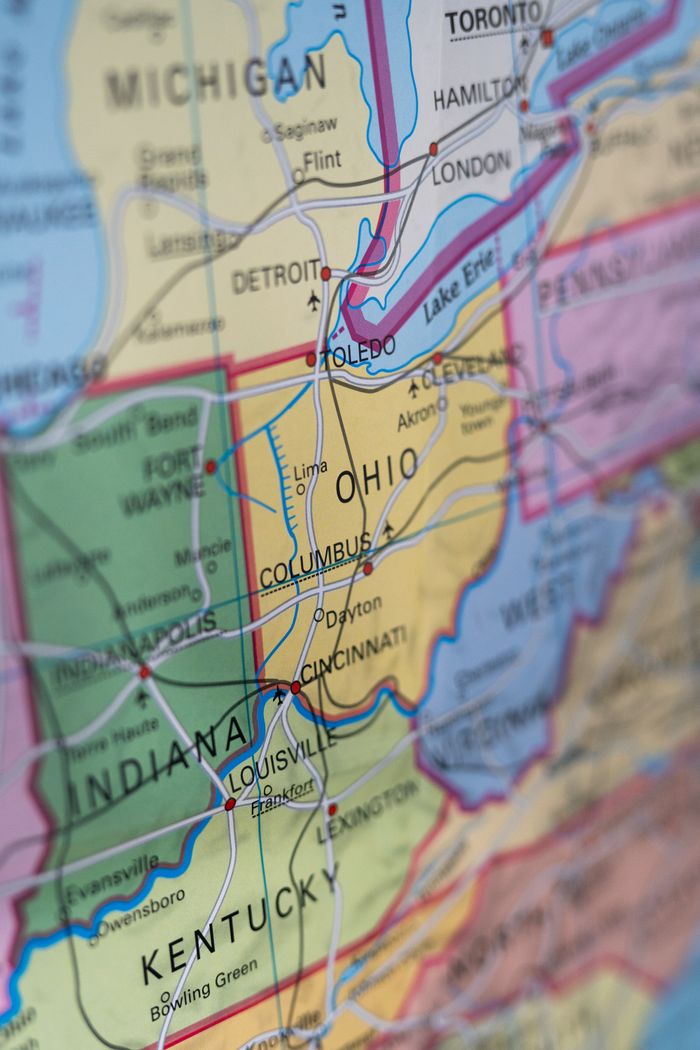 Detailed close-up of a Midwest USA paper map showing Indiana, Ohio, Kentucky - perfect for geography enthusiasts.
